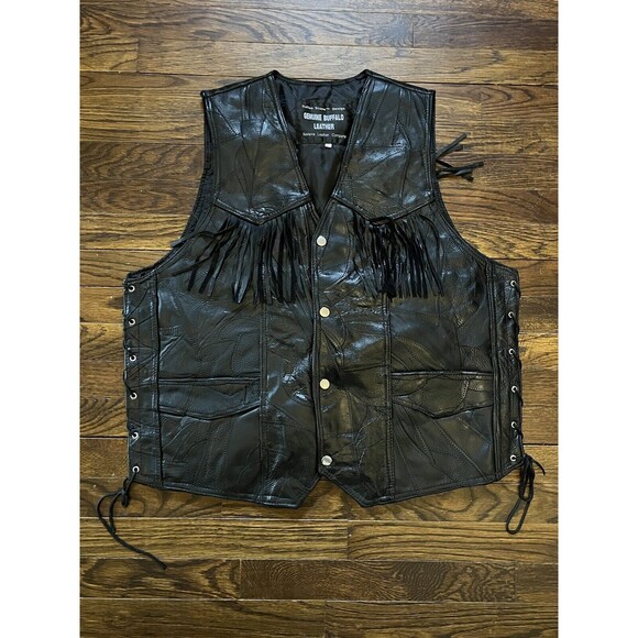 Black Buffalo Leather Vest Size 3X Navarre Biker Fringe NOS - Picture 1 of 9